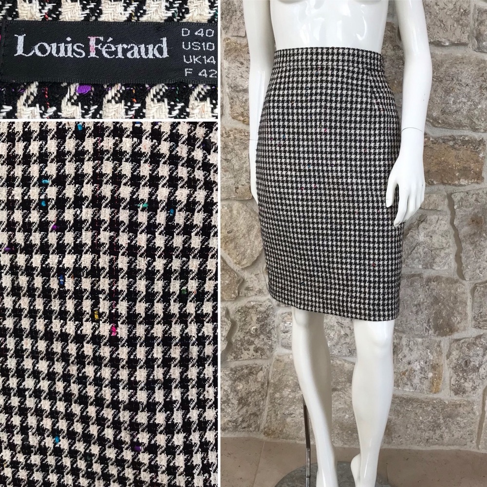 Vintage 1980s 1990s Louis Feraud Houndstooth Knee Length Skirt Small/Medium